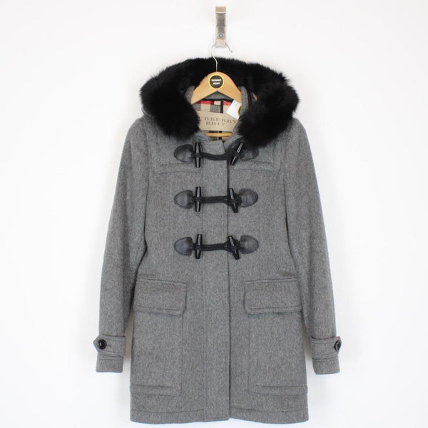 Burberry Brit Blackwell Grey and Black Wool Nova Check Lined Fur Hooded Jacket