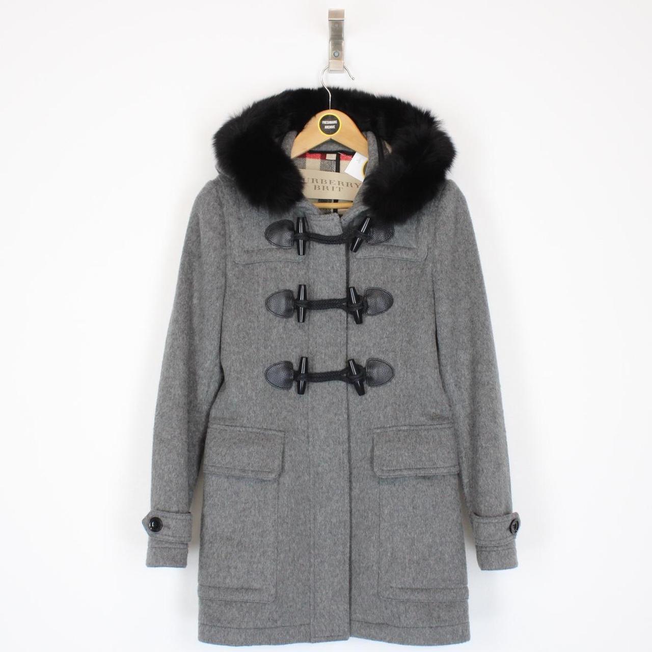Burberry Brit Blackwell Grey and Black Wool Nova Check Lined Fur Hooded Jacket