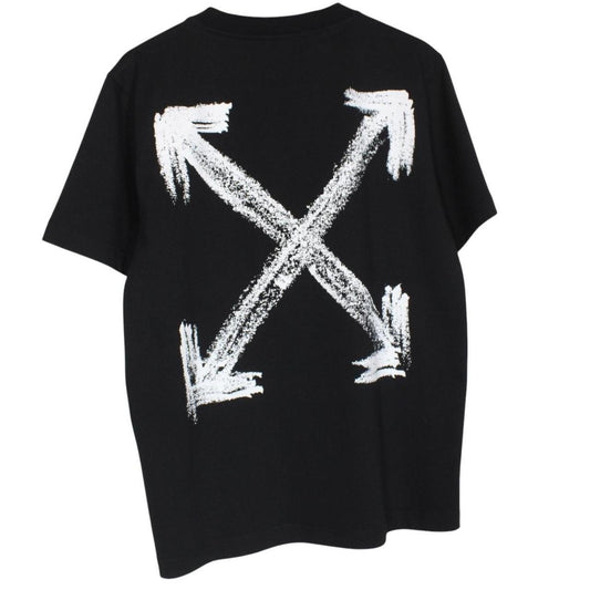 Off-White black cotton t-shirt with white logo print and short sleeves.