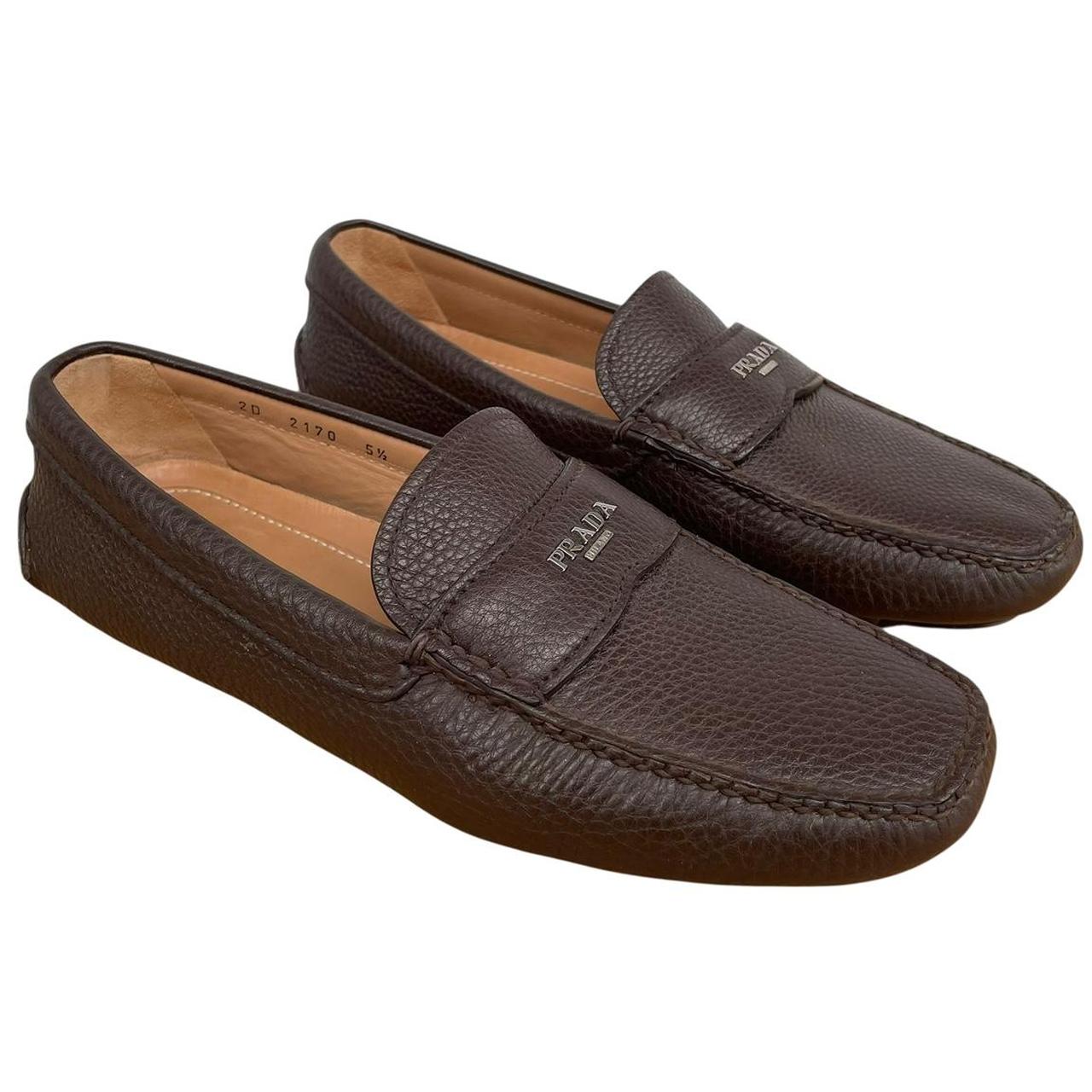 Prada Brown Logo Pebbled Leather Driving Shoe Loafers