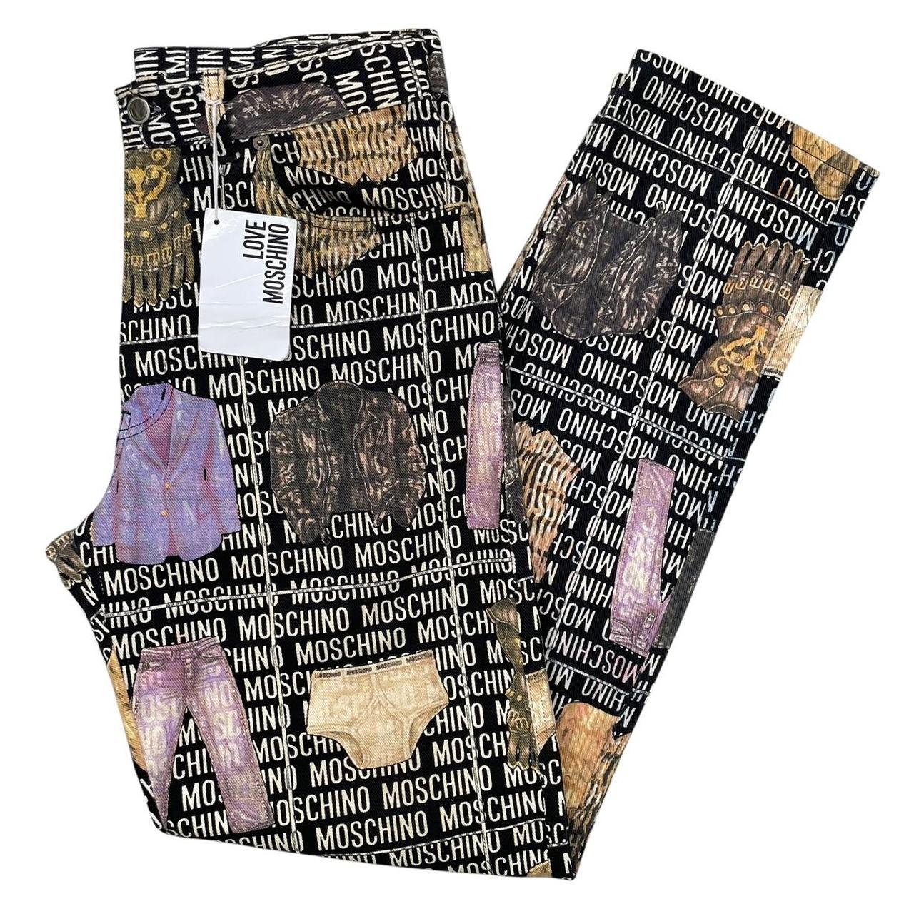 Vintage 1996 Moschino Black and White All Over Clothes Print Tapered Fit Jeans