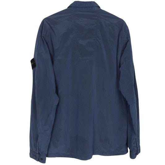 Stone Island navy blue full zip nylon overshirt with logo patch and metal finish.