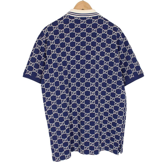 Gucci Navy Blue Jacquared Logo Embroidered Cotton Blend Short Sleeve Polo Shirt