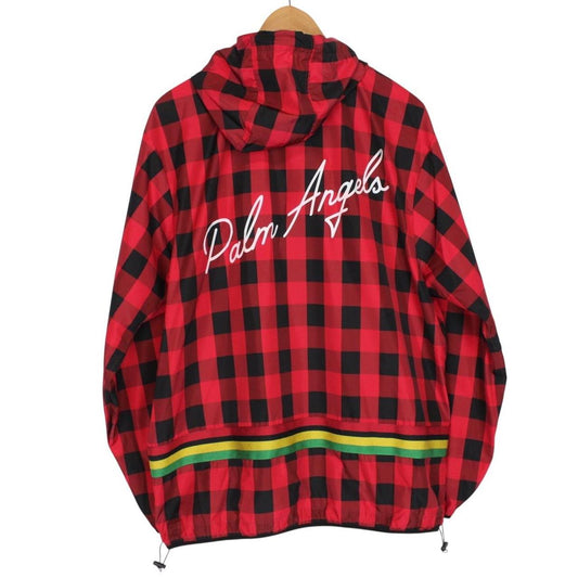 Palm Angels Red and Black Buffalo Check Full Zip Hooded Jacket
