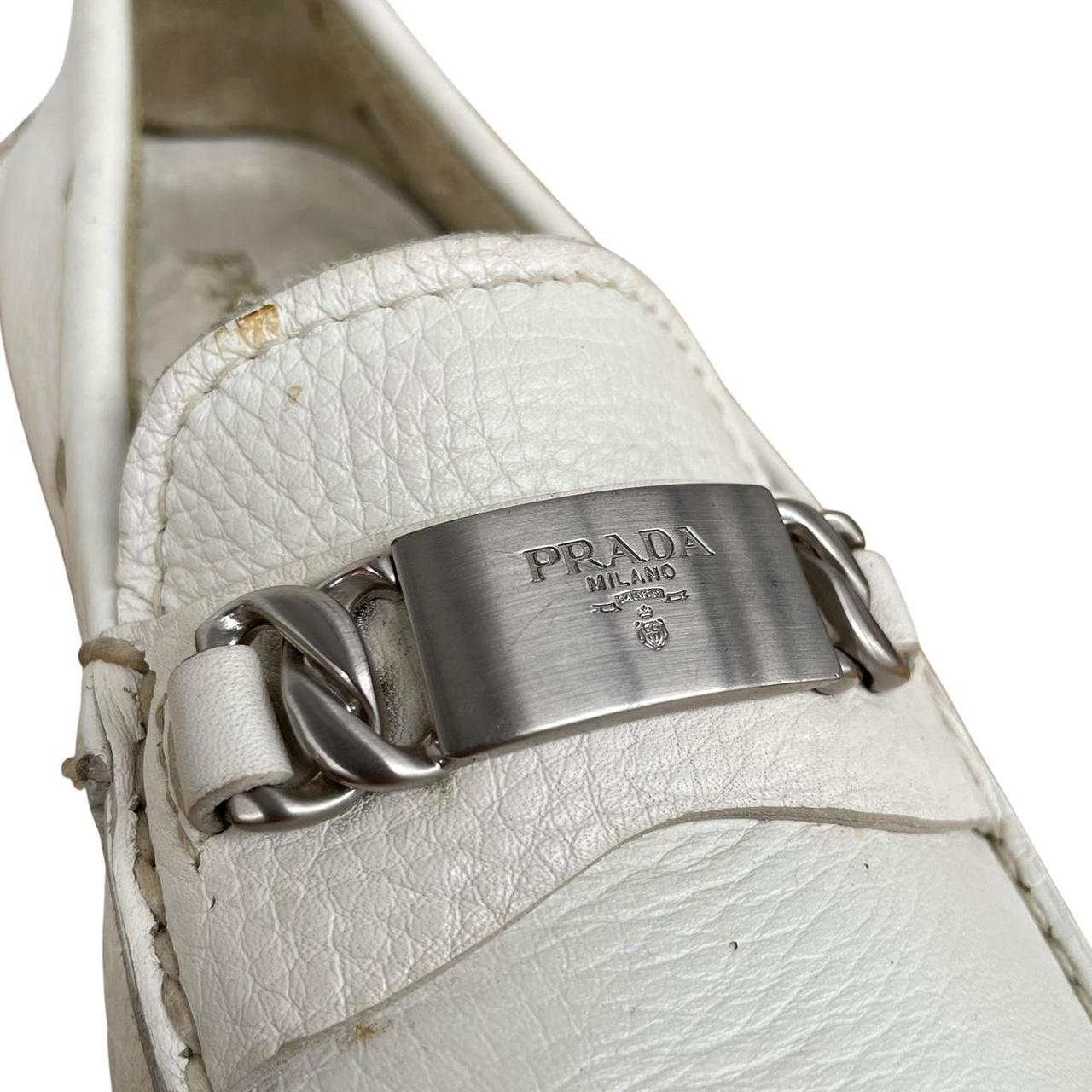 Prada Cream and Silver Logo Pebbled Leather Driving Shoe Loafers