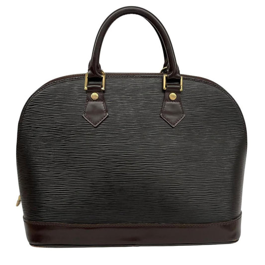 Louis Vuitton black Epi leather duffel bag with iconic logo and structured design.