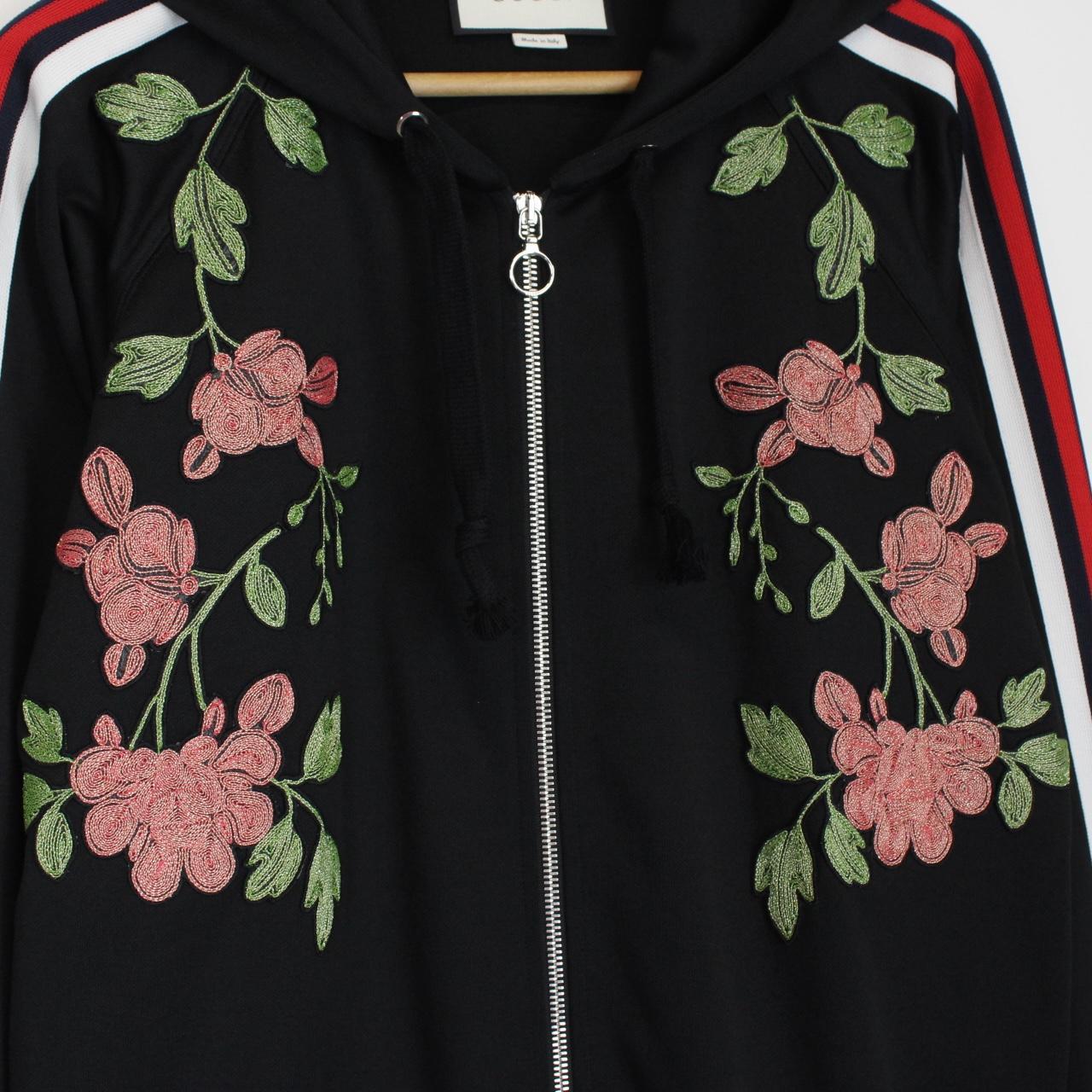 Gucci Black Floral Embroidered Full Zip Hoodie Jumper
