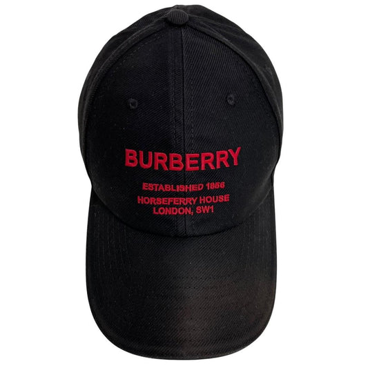 Burberry black baseball cap with red Horseferry logo embroidery and worn condition.