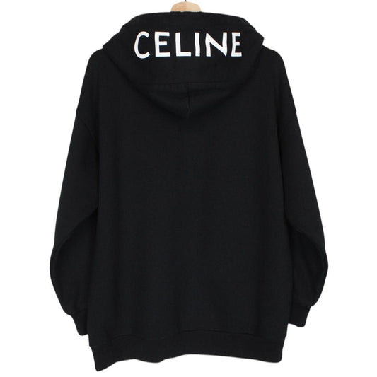 Celine Black and White Logo Print Full Zip Cotton Hoodie Jumper