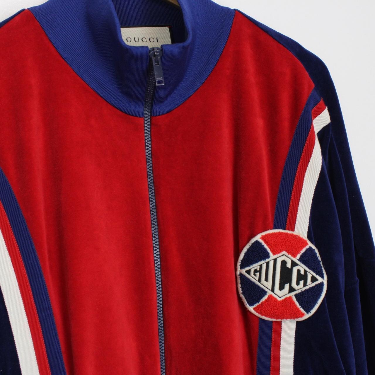Gucci Red and Blue Logo Patch Full Zip Velour Track Jacket
