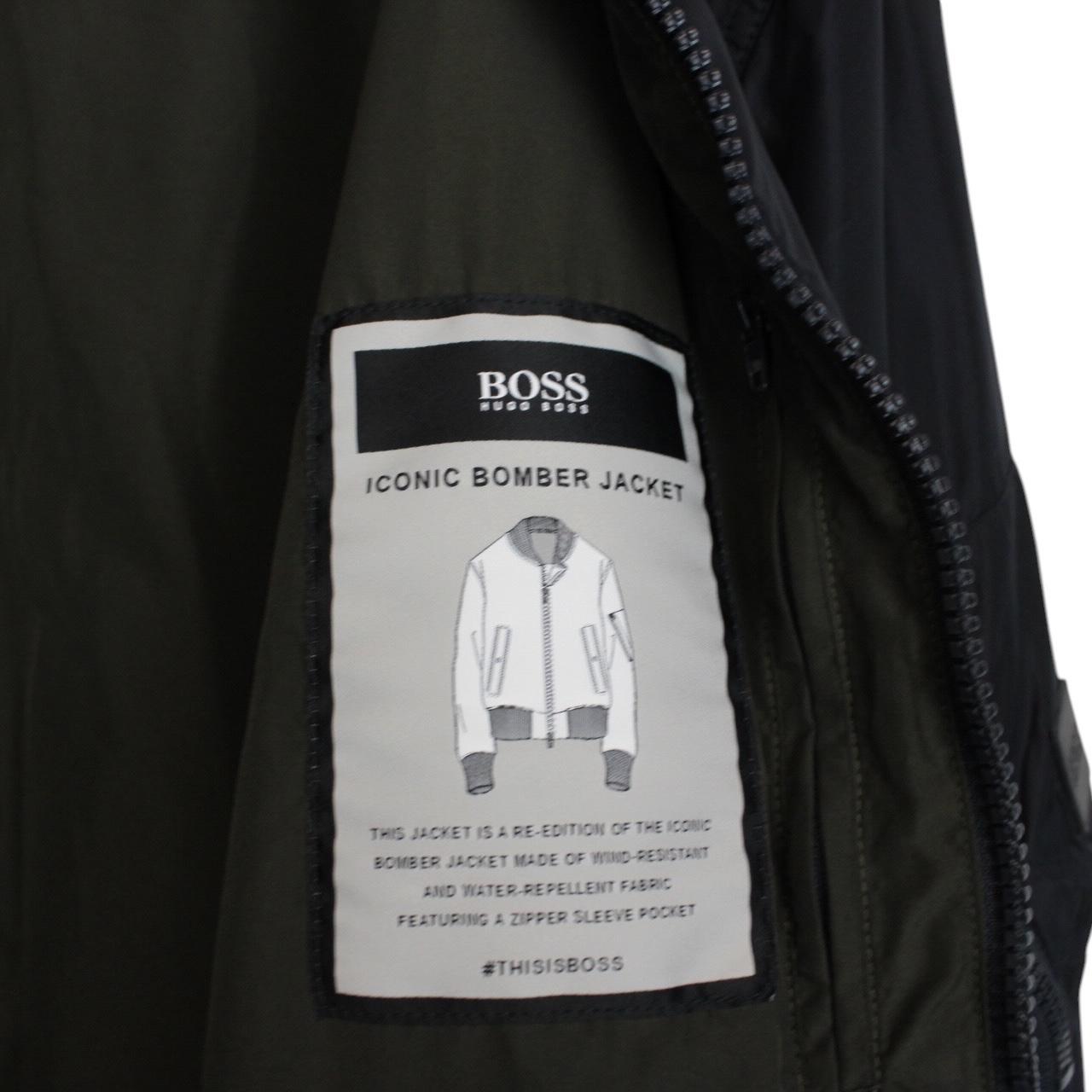 Hugo Boss navy blue bomber jacket full zip nylon with logo detail.