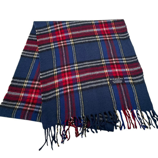 Vintage 90s Burberry Navy Blue Nova Check Lambswool Scarf