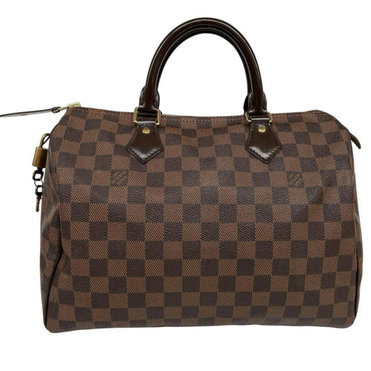 Louis Vuitton brown Damier Ebene canvas handbag with gold hardware and padlock detail.