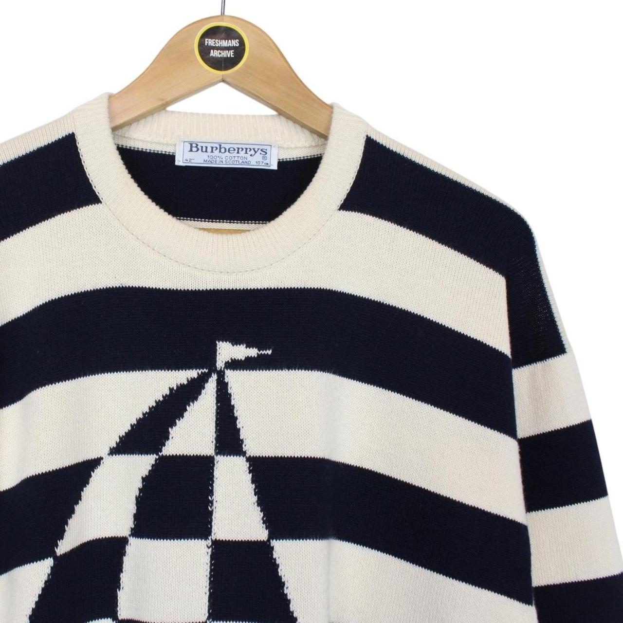 Vintage 90s Burberry Cream and Black Striped Cotton Knit Jumper