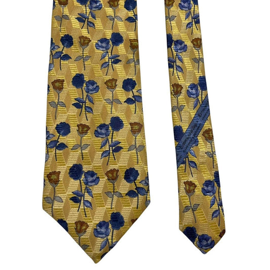Ermenegildo Zegna yellow silk tie with floral pattern and logo detail.