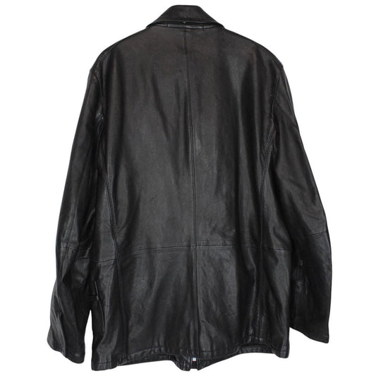 CP Company black leather jacket with multi pockets and logo detail.
