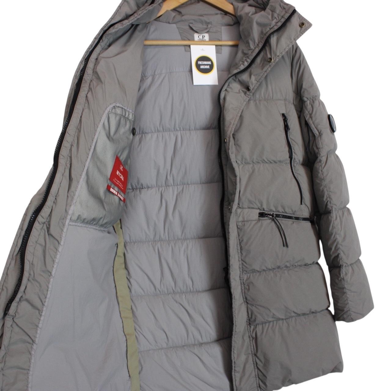 CP Company Grey Nycra-R Full Zip Lens Down Hooded Puffer Coat