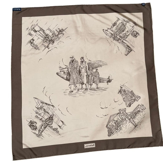 Vintage Burberry Beige and Brown Aviation Print Silk Scarf