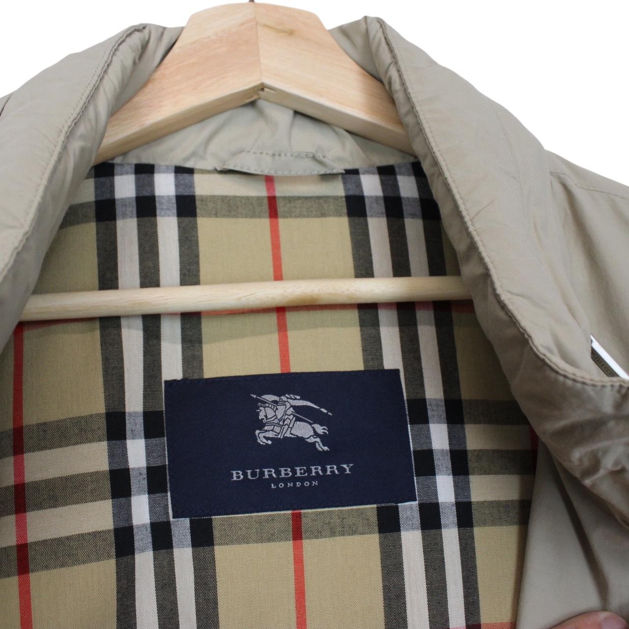Burberry beige nylon jacket with Nova Check lining and full zip design.