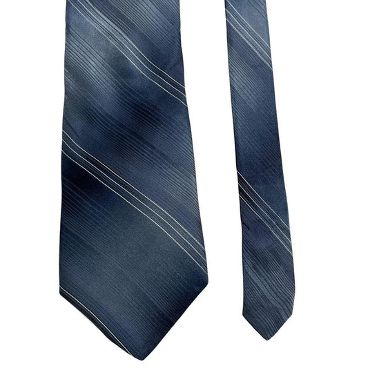 DKNY blue striped silk tie with elegant sheen and classic pattern.