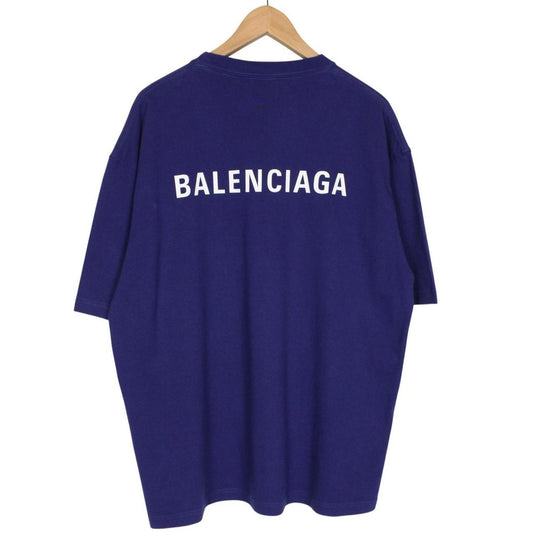 Balenciaga Blue and White Back Logo Short Sleeve Cotton T-Shirt