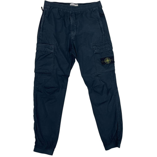Stone Island navy blue cargo trousers with logo patch and multiple pockets.