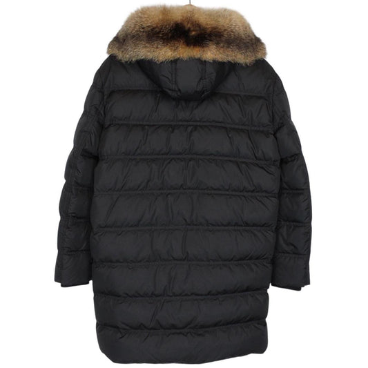 Prada Black Resin Coated Nylon Fox Fur Hood Long Down Jacket