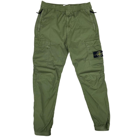 Stone Island green cargo trousers with logo patch and multiple pockets.