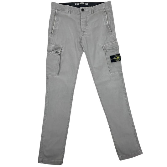 Stone Island grey slim fit cargo trousers with logo patch and repaired back pockets.