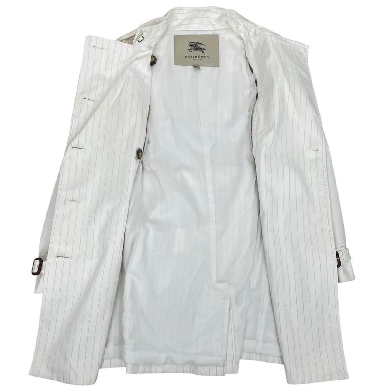 Burberry London White Pinstripe Double Breasted Belted Trench Coat