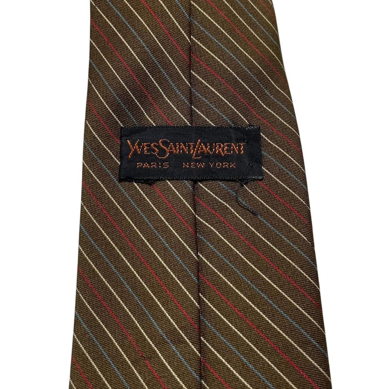Yves Saint Laurent khaki brown striped tie with elegant pattern and vintage design.