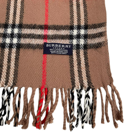Burberry tan brown lambswool scarf with classic Nova Check pattern.