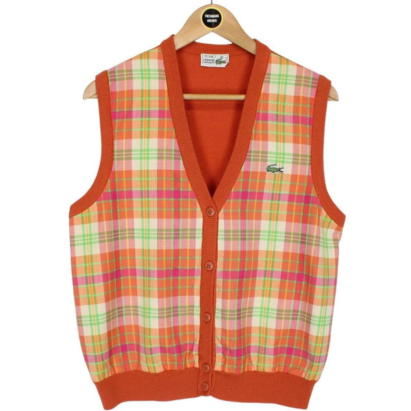 Vintage 90s Lacoste Multicoloured Check Cotton Knit Sweater Vest