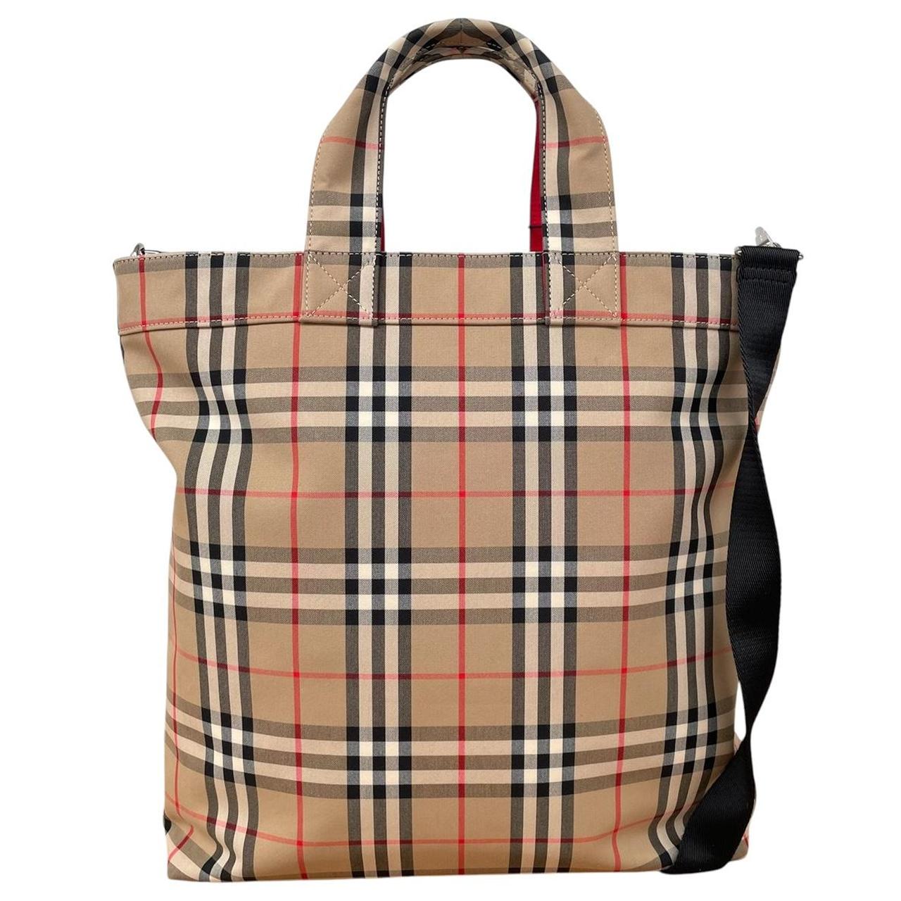 Burberry Tan Brown Nova Check Logo Applique Cotton Blend Satchel Tote Bag