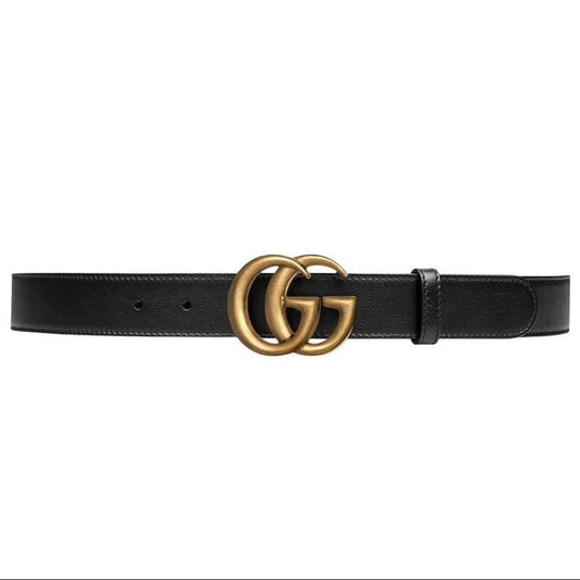 Gucci Black and Antiqued Brass Marmont Wide Leather Belt with GG Buckle
