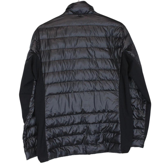 Moncler black lightweight down jacket with full zip and logo patch on sleeve.