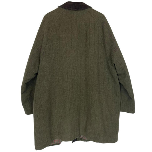 Barbour green tweed wool coat with classic pattern and missing front pocket button.