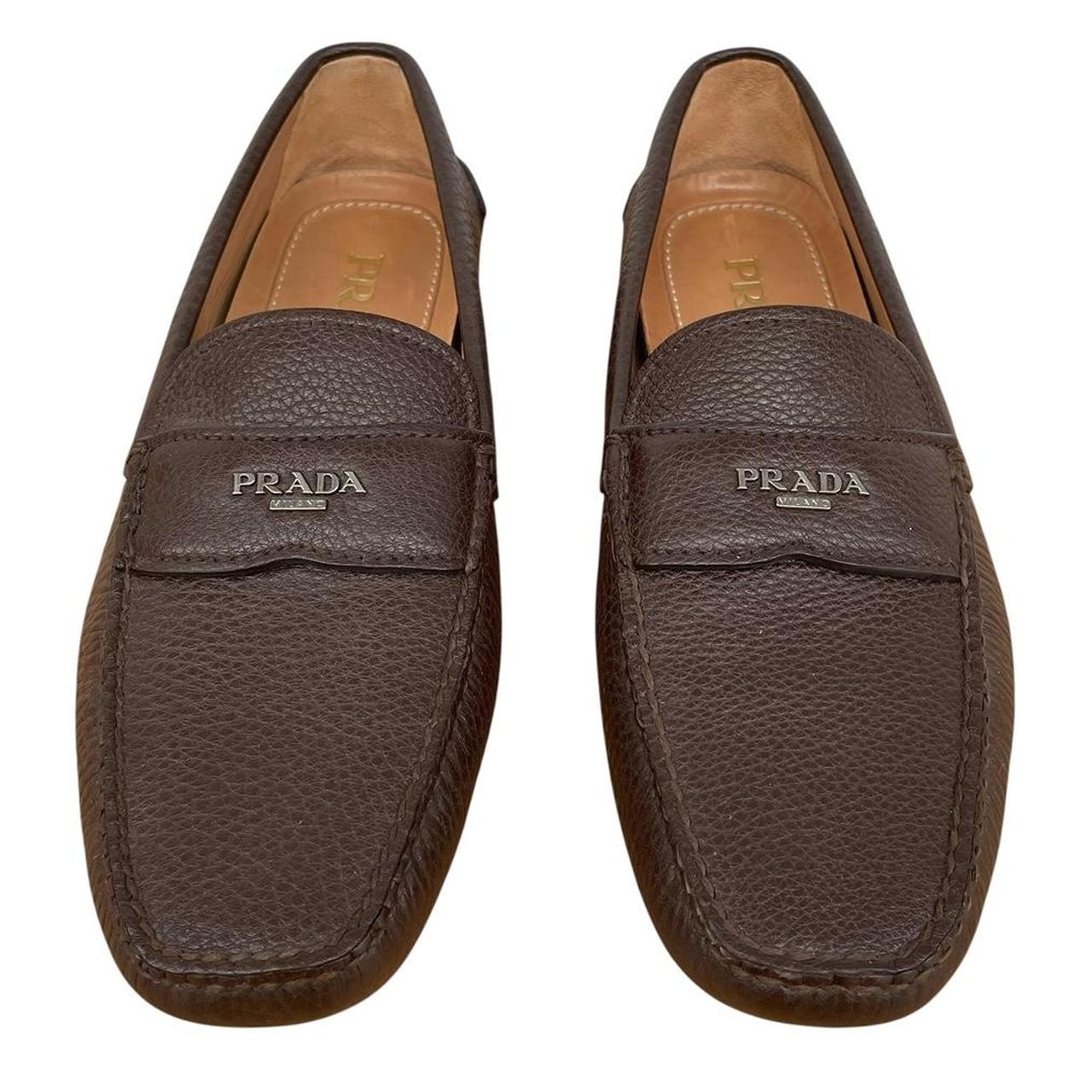 Prada Brown Logo Pebbled Leather Driving Shoe Loafers