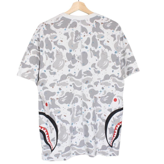 Bape White and Grey Space Camo Side Shark Short Sleeve T-Shirt