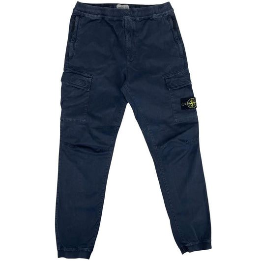 Stone Island navy blue cargo trousers with logo patch and RE-T fit design.