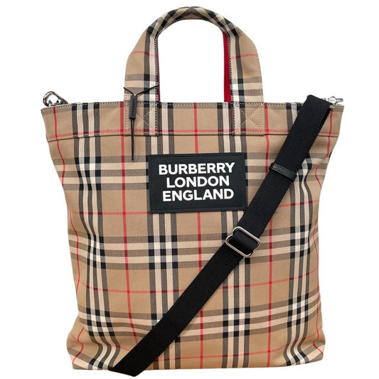 Burberry Tan Brown Nova Check Logo Applique Cotton Blend Satchel Tote Bag