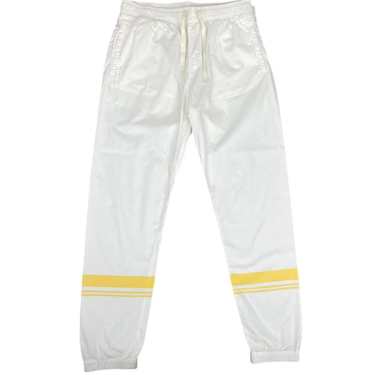 Stone Island white and yellow trousers with logo patch and RE-T fit design.