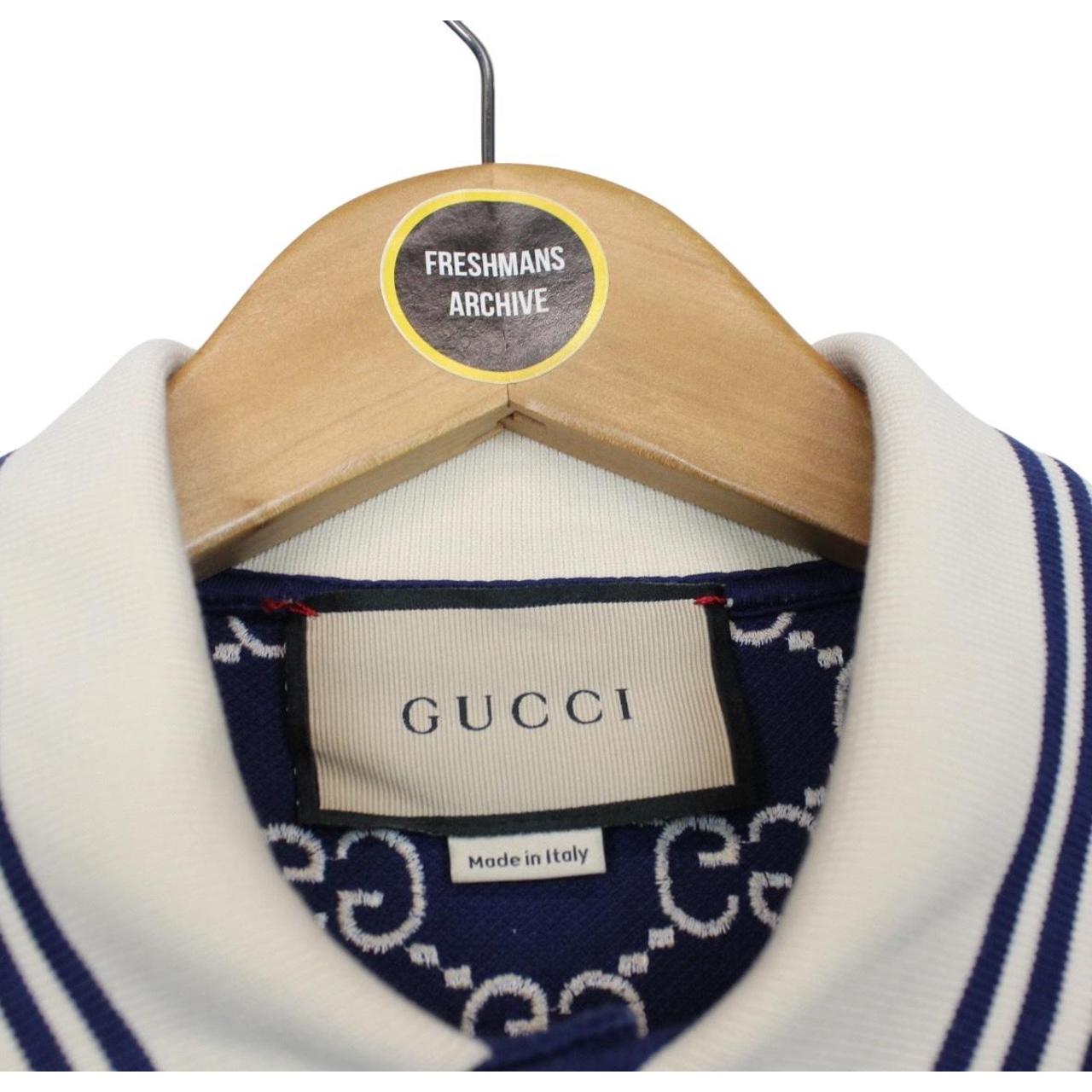 Gucci Navy Blue Jacquared Logo Embroidered Cotton Blend Short Sleeve Polo Shirt