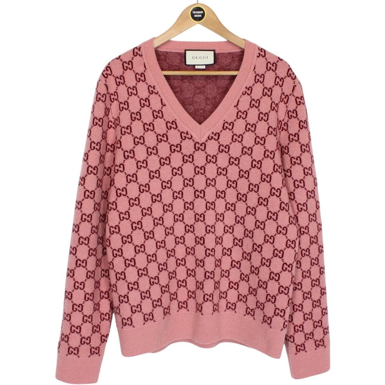 Gucci Pink GG Monogram Cashmere Wool Blend V Neck Jumper