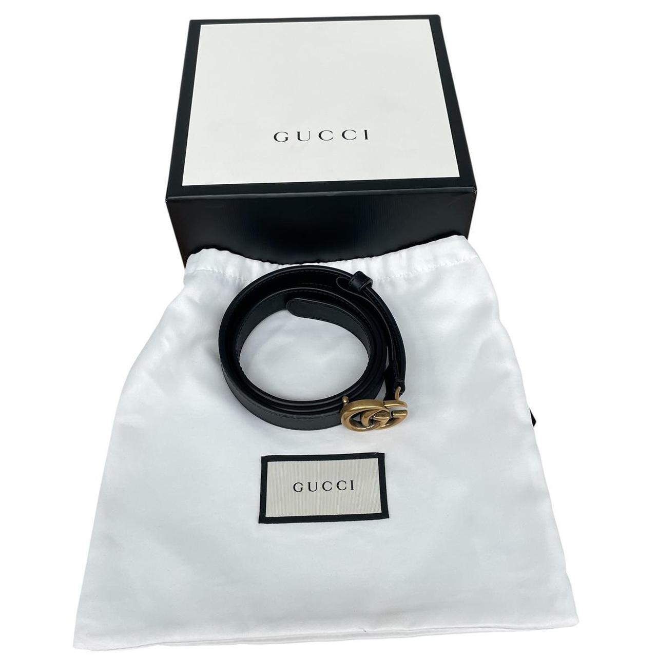 Gucci Black and Antique Brass Marmont Thin Leather Belt with GG Buckle