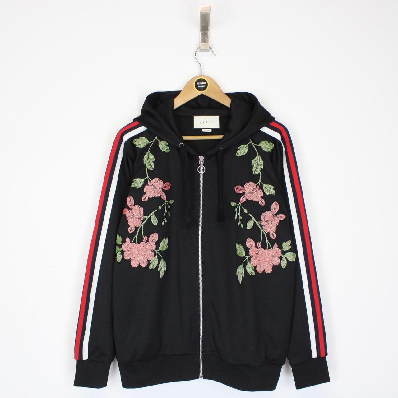 Gucci Black Floral Embroidered Full Zip Hoodie Jumper