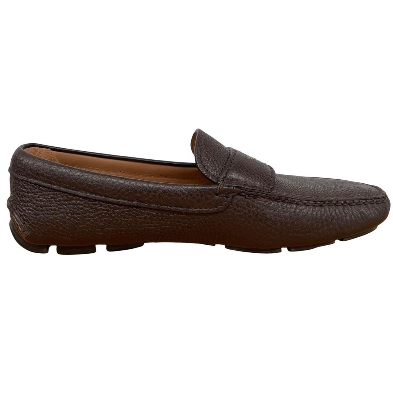 Prada Brown Logo Pebbled Leather Driving Shoe Loafers