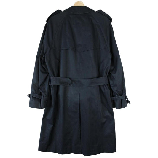 Burberry navy blue trench coat with belted waist and single breasted design.