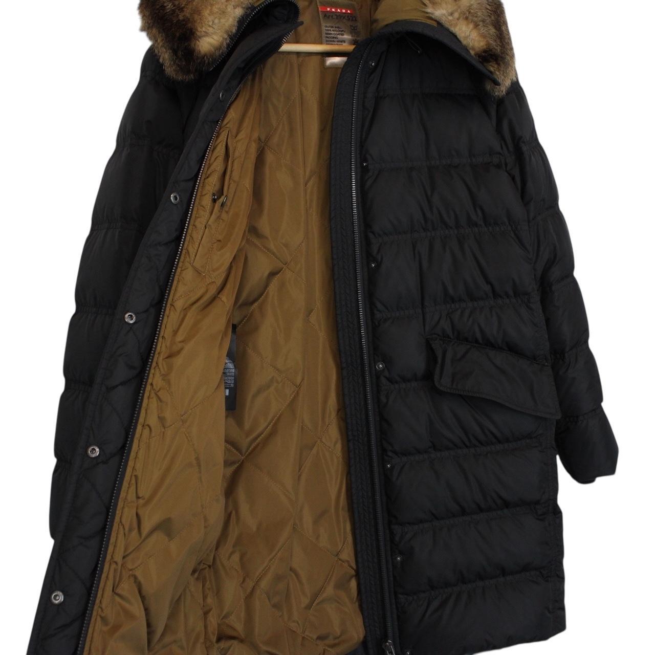 Prada Black Resin Coated Nylon Fox Fur Hood Long Down Jacket