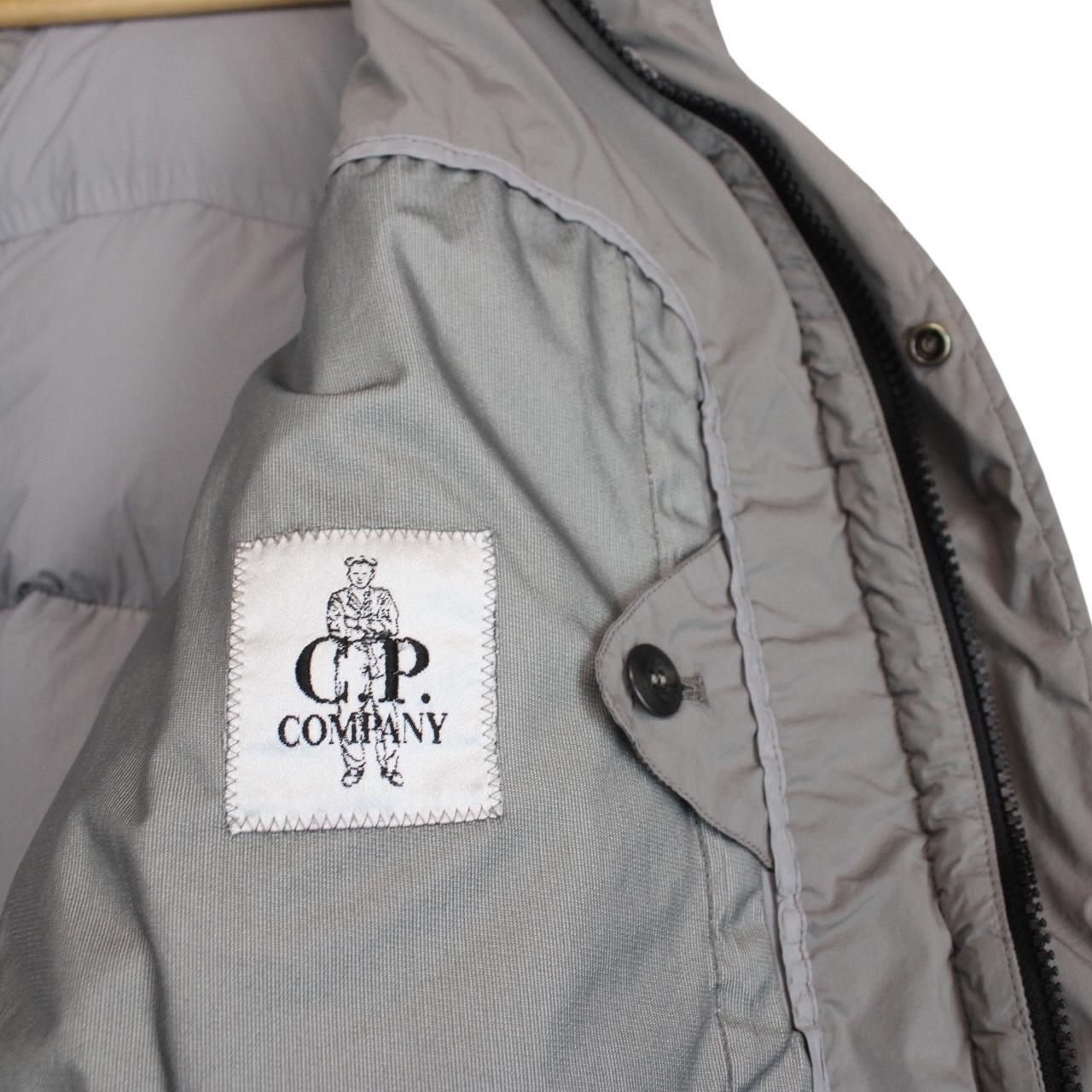 CP Company Grey Nycra-R Full Zip Lens Down Hooded Puffer Coat